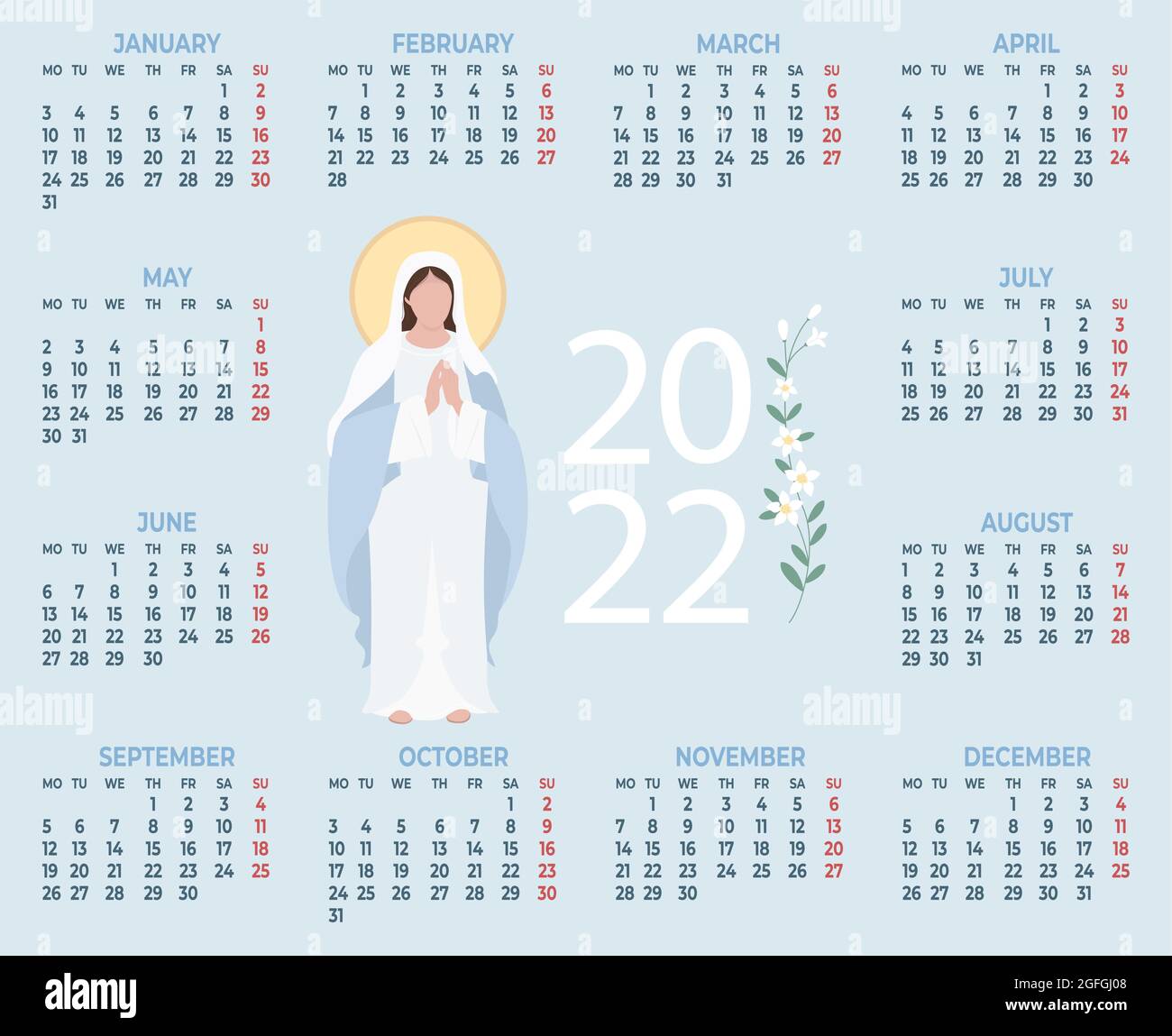 Mary 2022 Calendar 2022 Religious Calendar With The Most Holy Theotokos Queen Heavenly Virgin  Mary On A Blue Background. Vector Illustration. Horizontal A3 Template For  Stock Vector Image & Art - Alamy