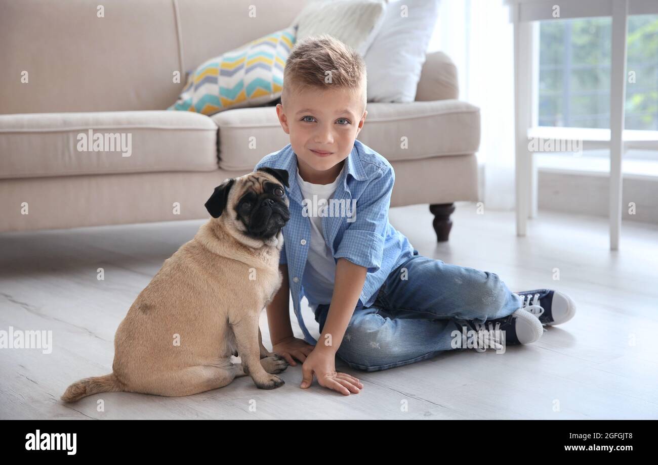 Cute boy with pug dog on floor Stock Photo - Alamy