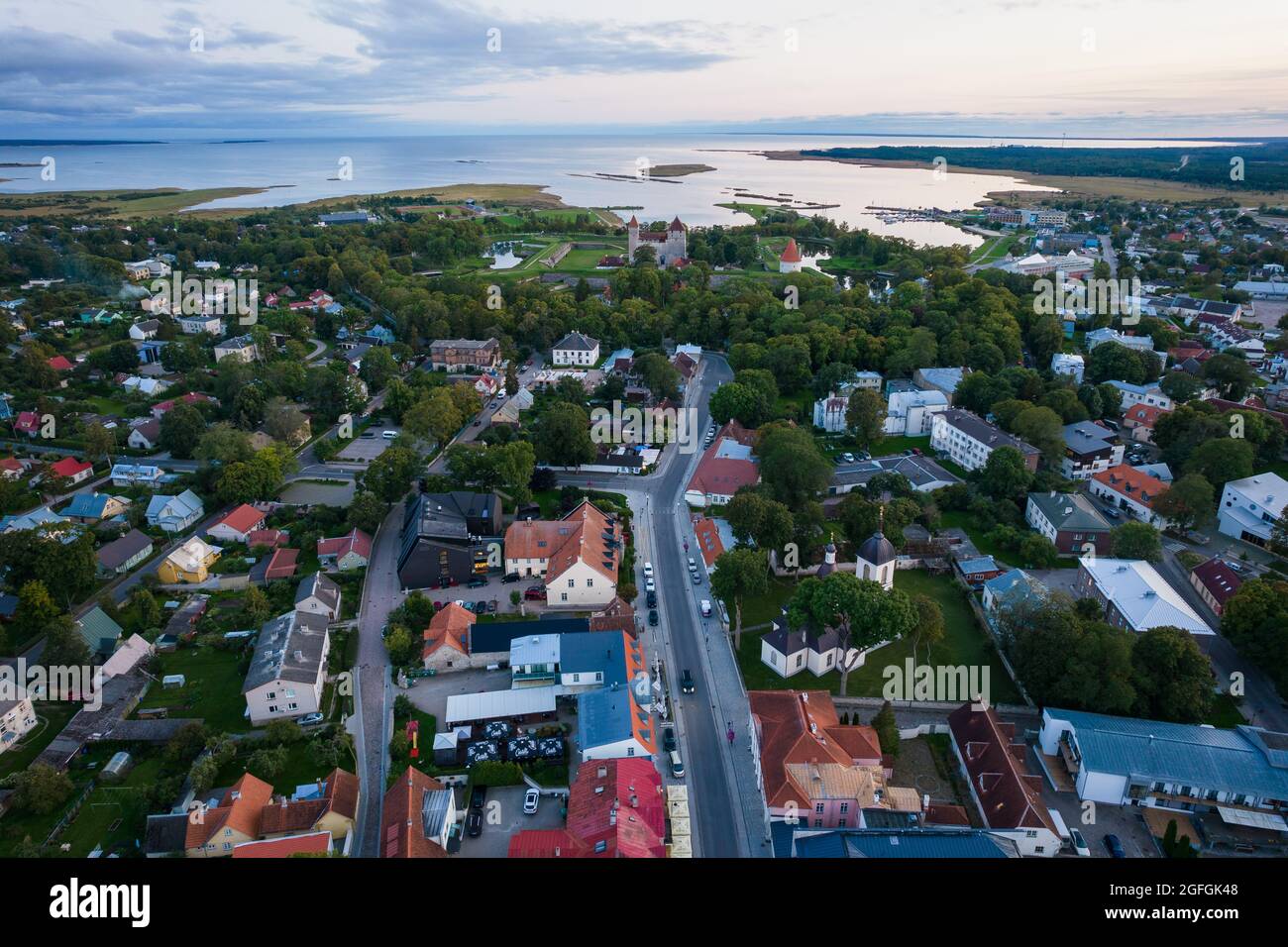 An aerial view of Kuressaare city in Saaremaa island during late August evening. Stock Photo