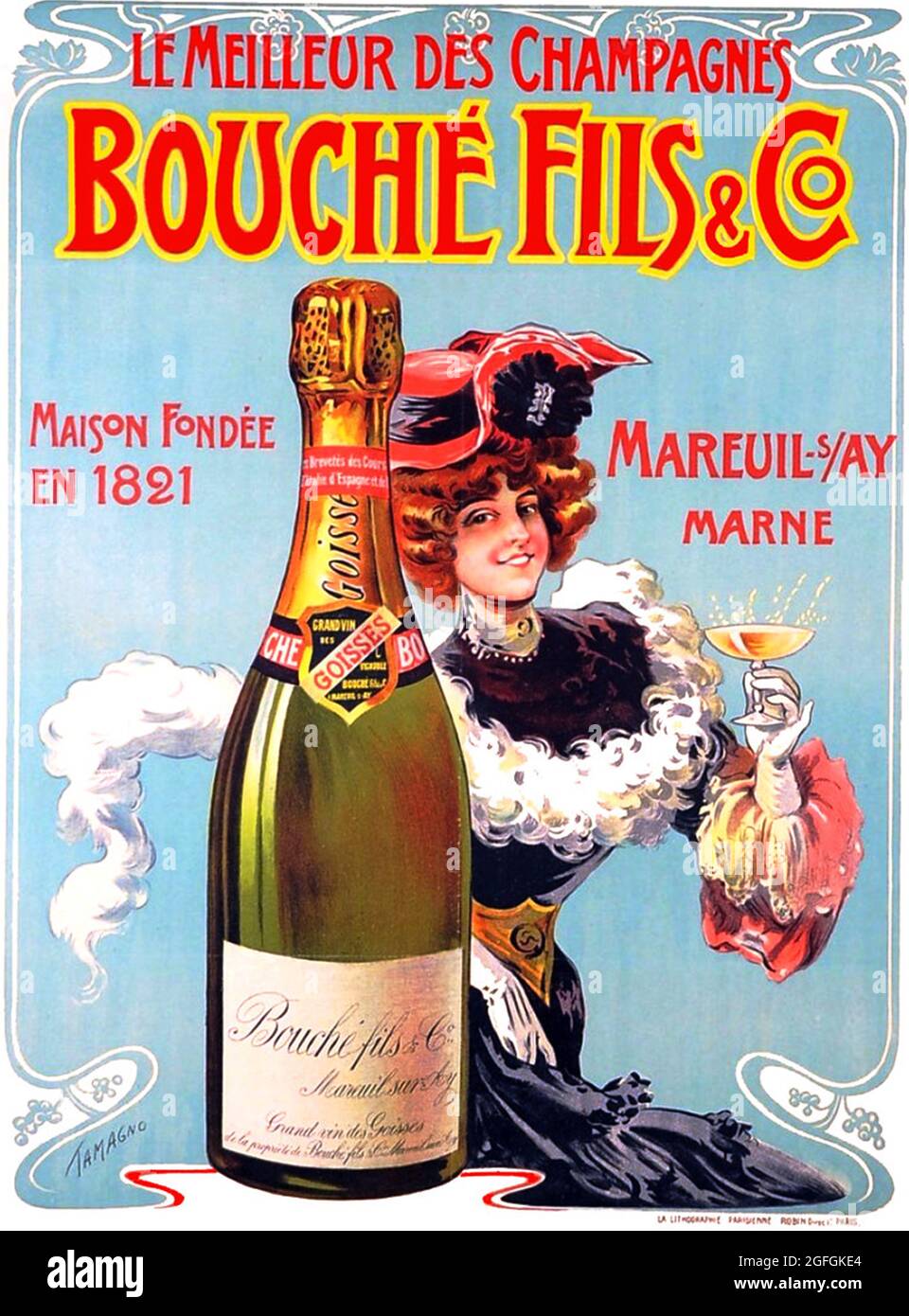 Click On Vintage French alcohol poster - Champagnes Bouche Fils & Co. Stock Photo