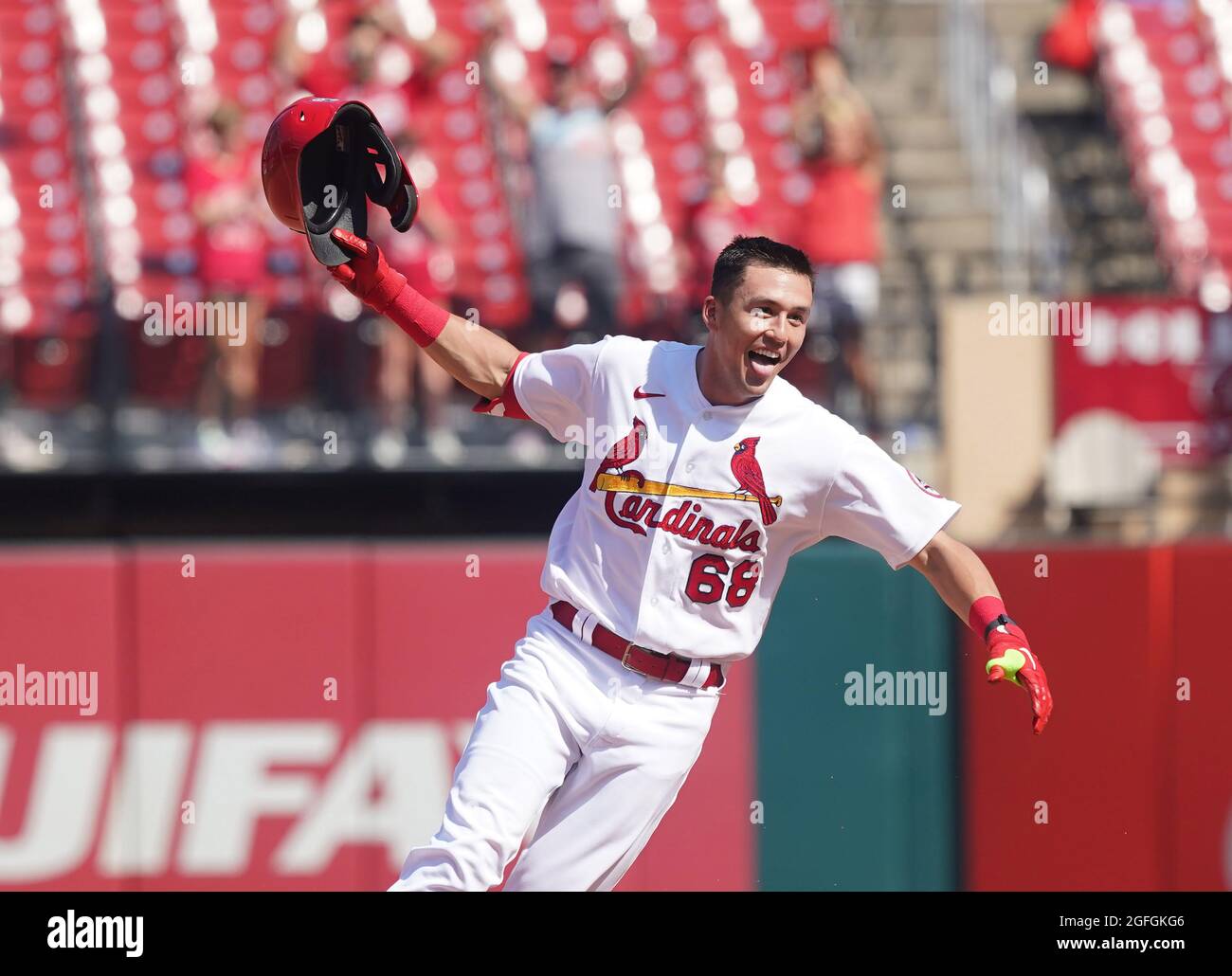 St. Louis, United States. 25th Aug, 2021. St. Louis Cardinals Lars Nootbaar  celebrates after hitting a game winning single with bases loaded in the  tenth inning against the Detroit Tigers at Busch
