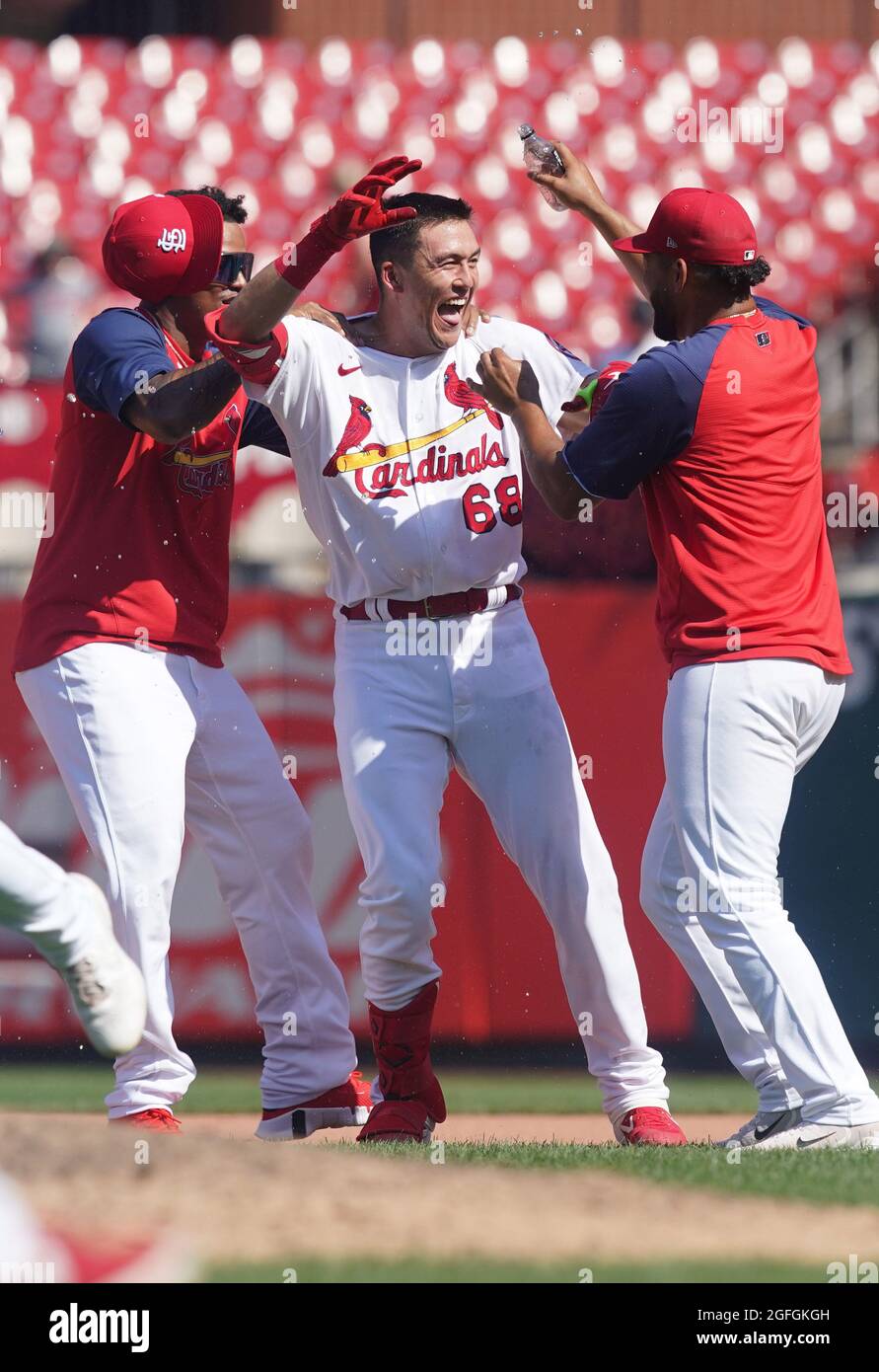 St. Louis, United States. 25th Aug, 2021. St. Louis Cardinals Lars Nootbaar  celebrates with teammates after hitting a game winning single with bases  loaded in the tenth inning against the Detroit Tigers