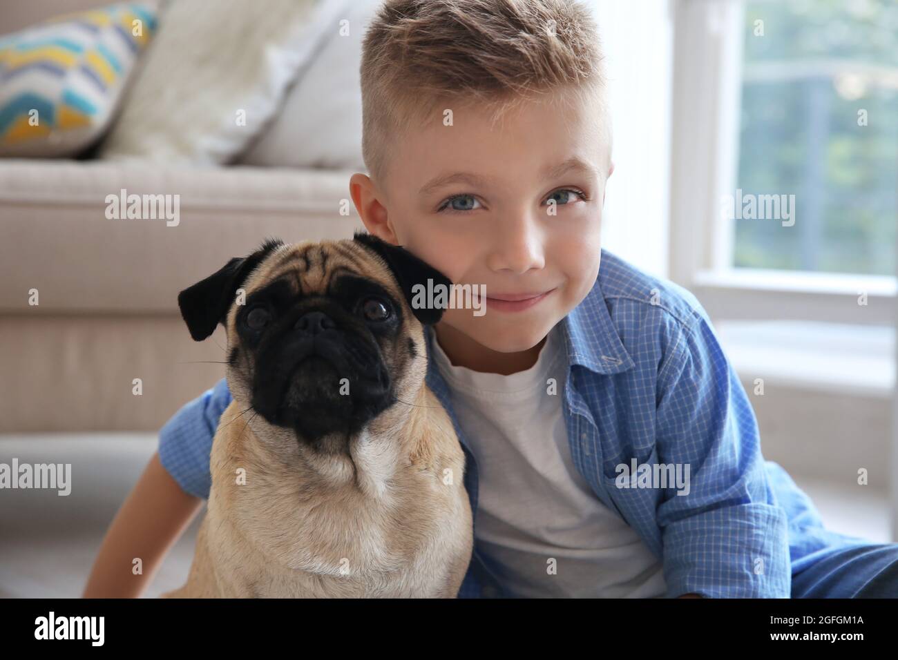Cute boy with pug dog on floor Stock Photo Alamy