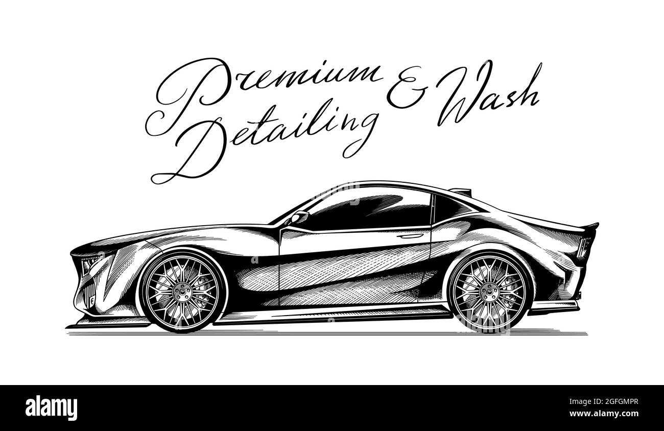 Premium wash. Car in Hatching doodle style. Auto detailing. Vehicle service or Automobile center. Hand drawn sketch line. Vector illustration concept Stock Vector
