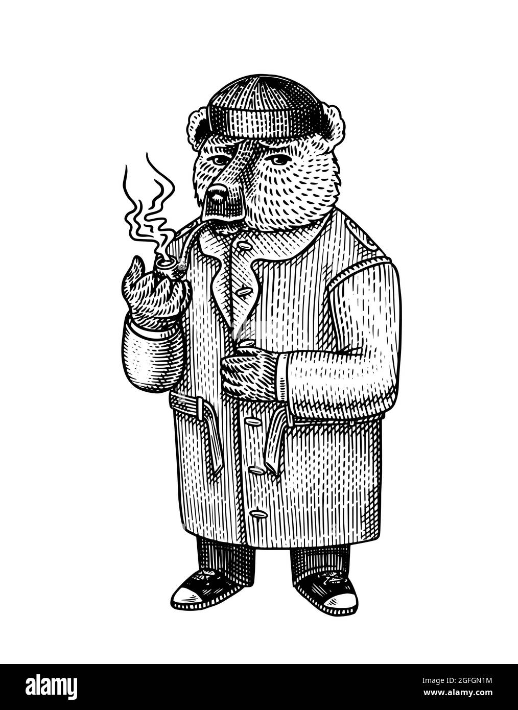 The bear smokes a pipe. Fashion character in winter Russian sheepskin coat and hat. Vintage retro look. Hand drawn sketch. Vector engraved Stock Vector