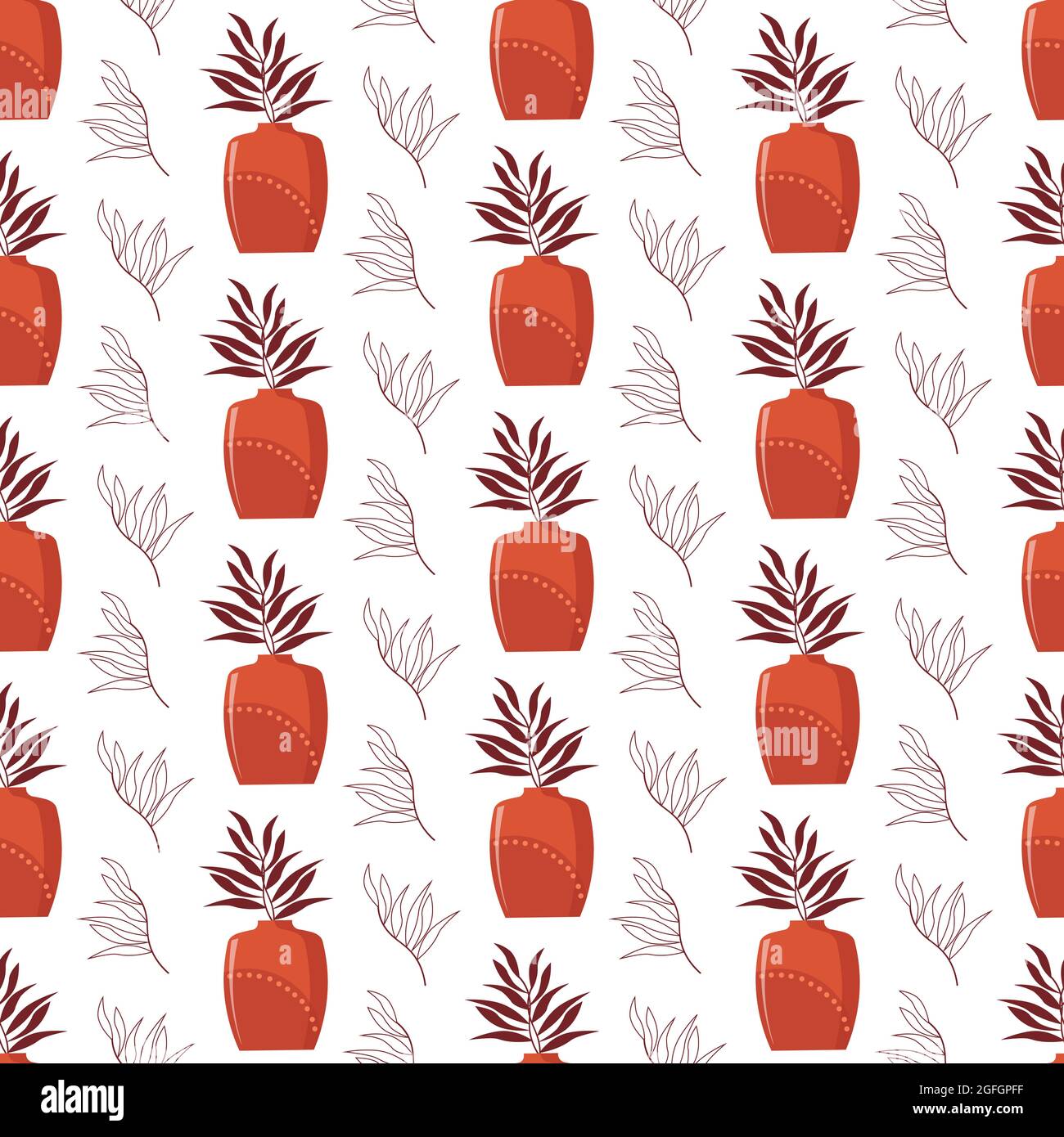 Pattern with clay vases and leaf branches. Vector illustration isolated on white background. Stock Vector