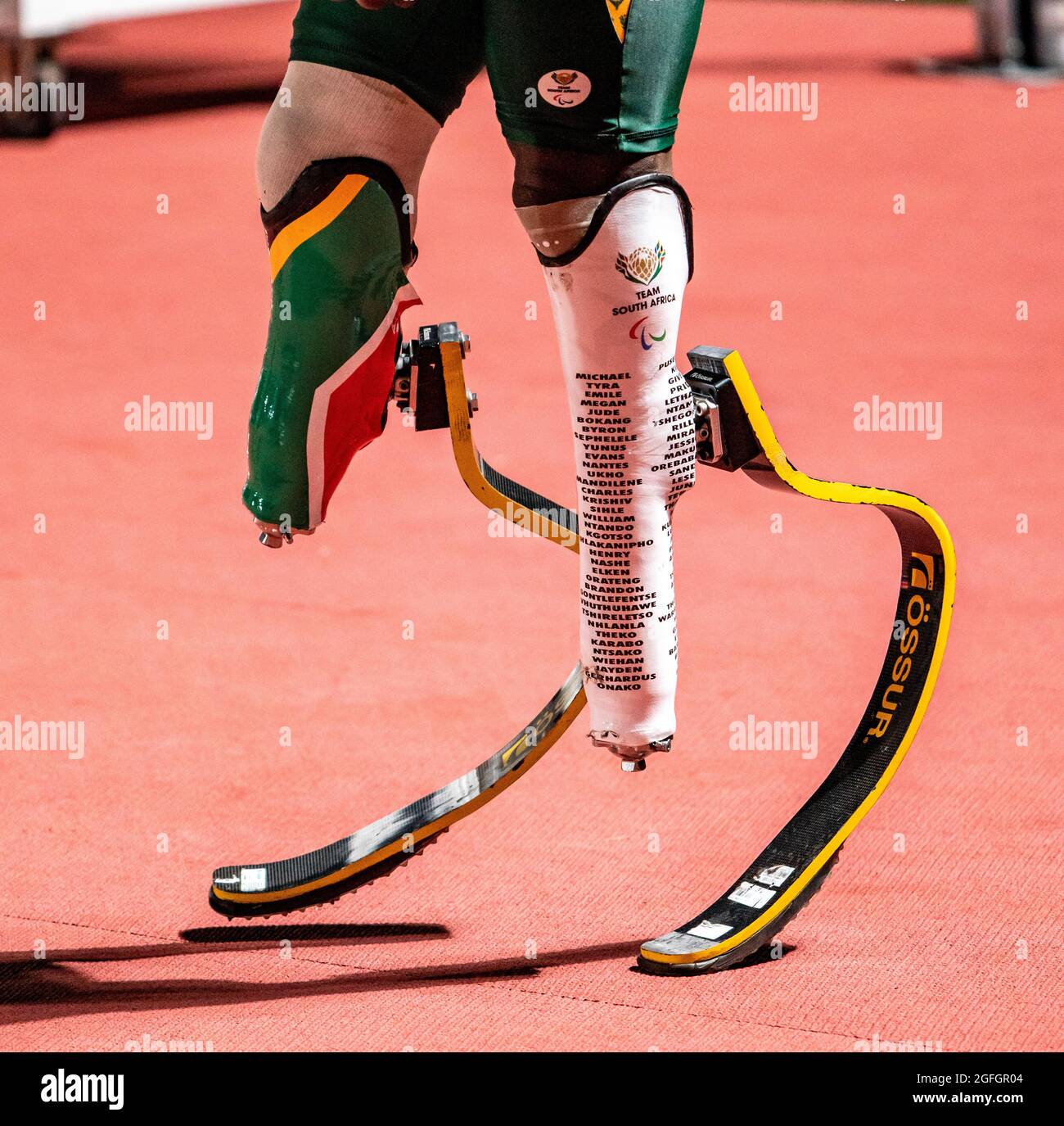 Tokyo, Japan- August 25 2021: Blades of athletes of South Africa during the  evening training in preparation for the Paralympic Games that will start in  two days for athletics in Tokyo Olympic