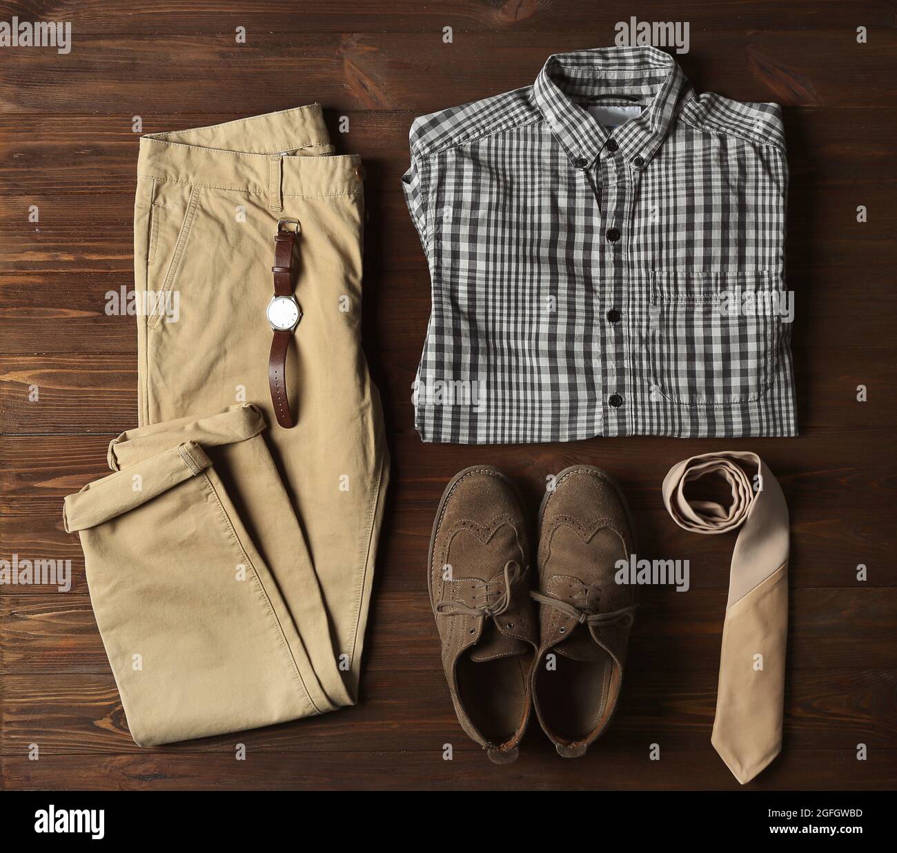 Mens clothes and accessories on wooden background Stock Photo Alamy