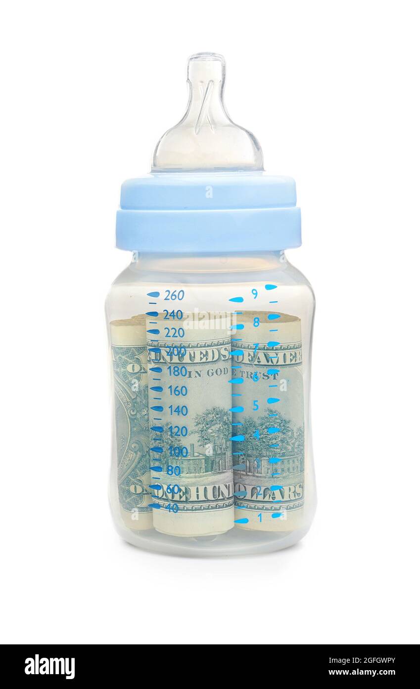 Baby bottle with money, isolated on white Stock Photo Alamy