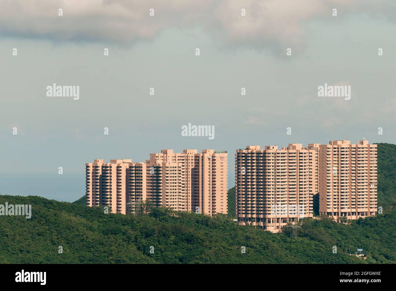 Hong Kong Parkview, a development of 18 20-storey residential apartment blocks in Tai Tam, from the roof of 2ifc, Hong Kong Island's tallest building Stock Photo