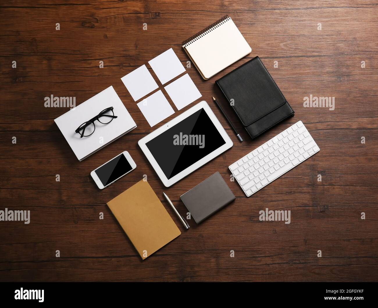 Workplace with office tools and devices Stock Photo - Alamy