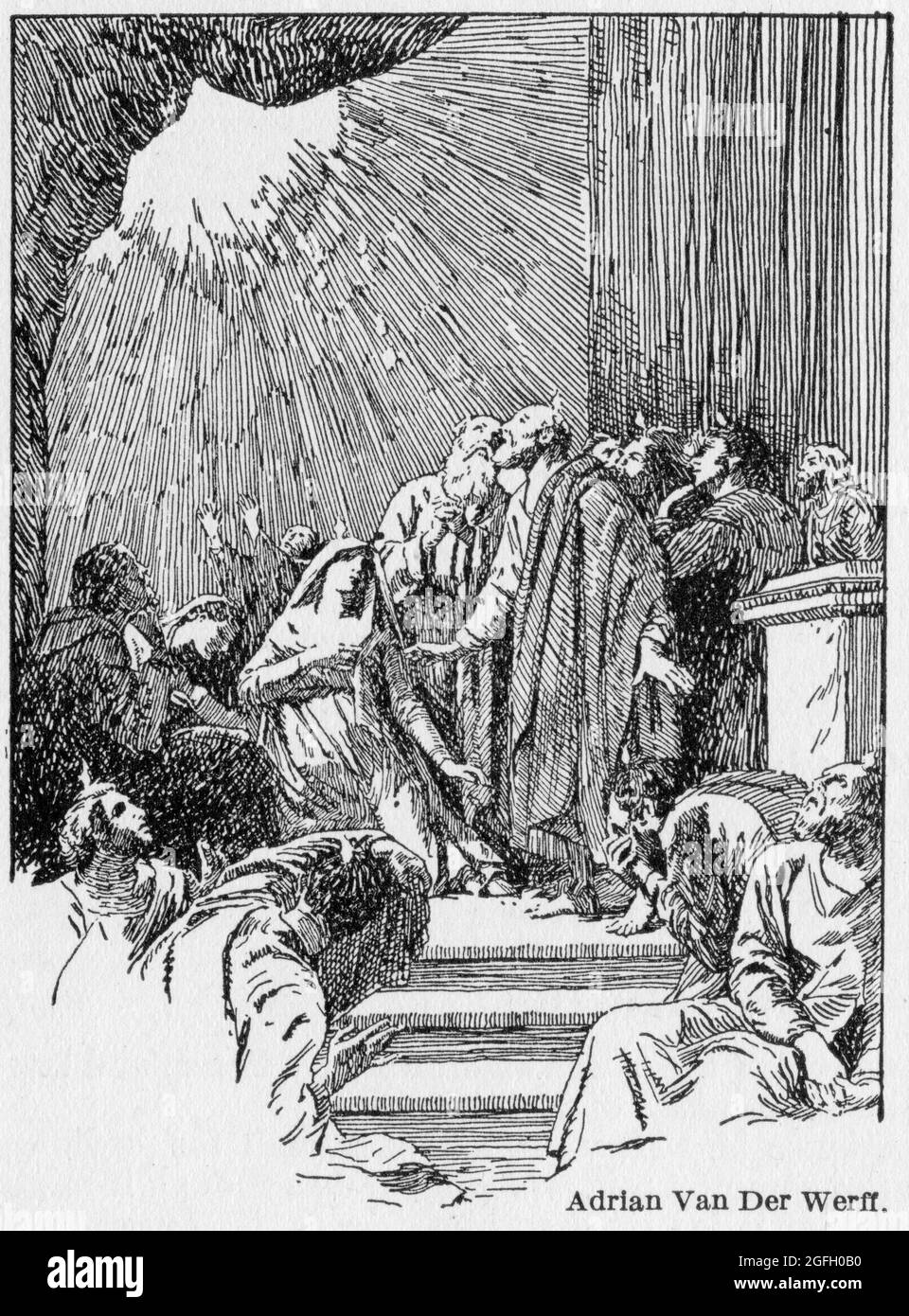 Engraving of the Day of Pentecost fulfilled in Jerusalem, when the holy spirit appeared as tongues of fire on the heads of the faithful followers of Jesus, published 1916 Stock Photo
