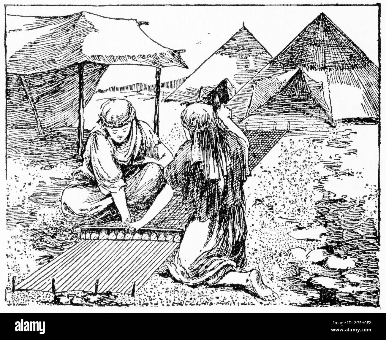Engraving of women weaving material for a tent, circa 1st century, published 1916 Stock Photo
