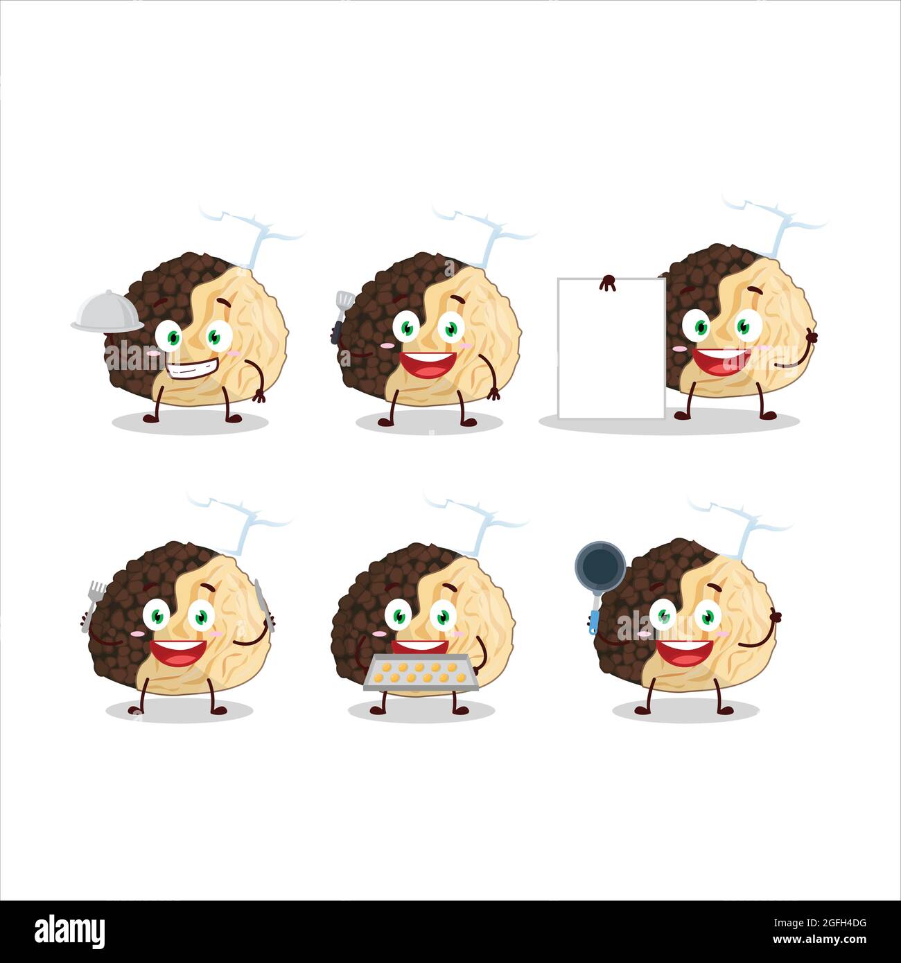 Cartoon character of truffle with various chef emoticons. Vector