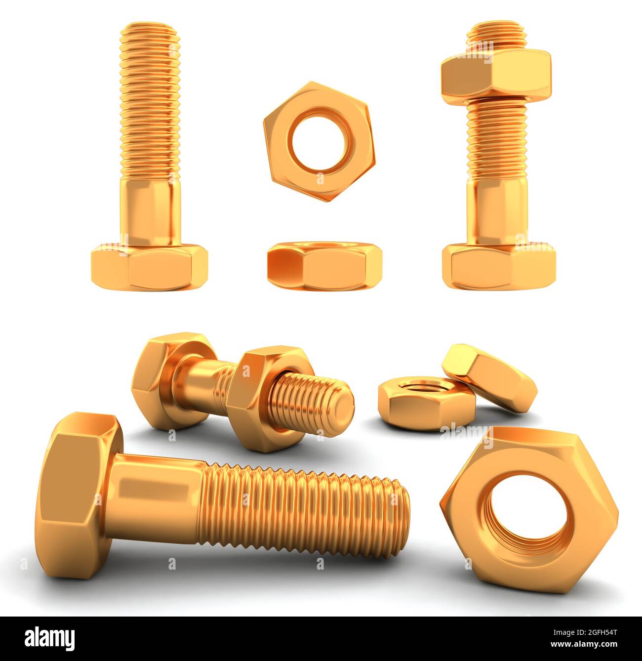 Image with golden nuts and bolts in different angles Stock Photo Alamy