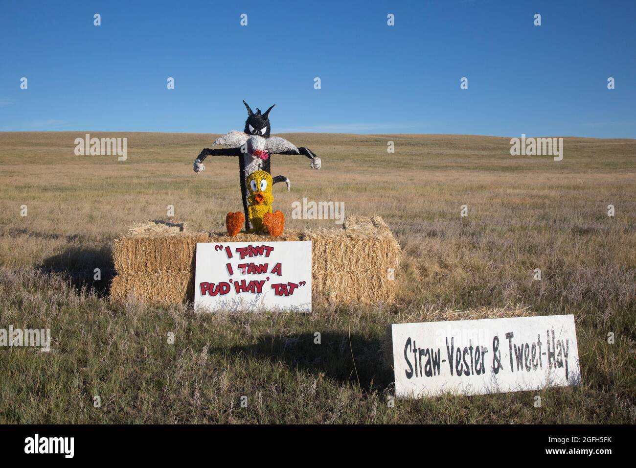 Montana Bale Trail celebrates cartoon characters Tweety and Sylvester. Stock Photo