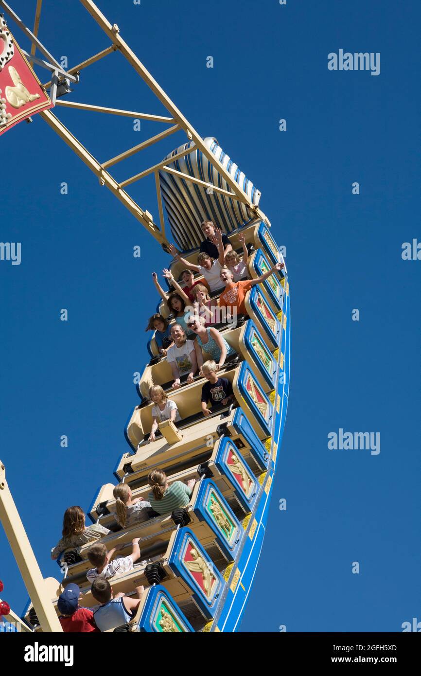 Fair goers enjoy the Pharaoh's Fury Pendulum Swing ride at the Montana