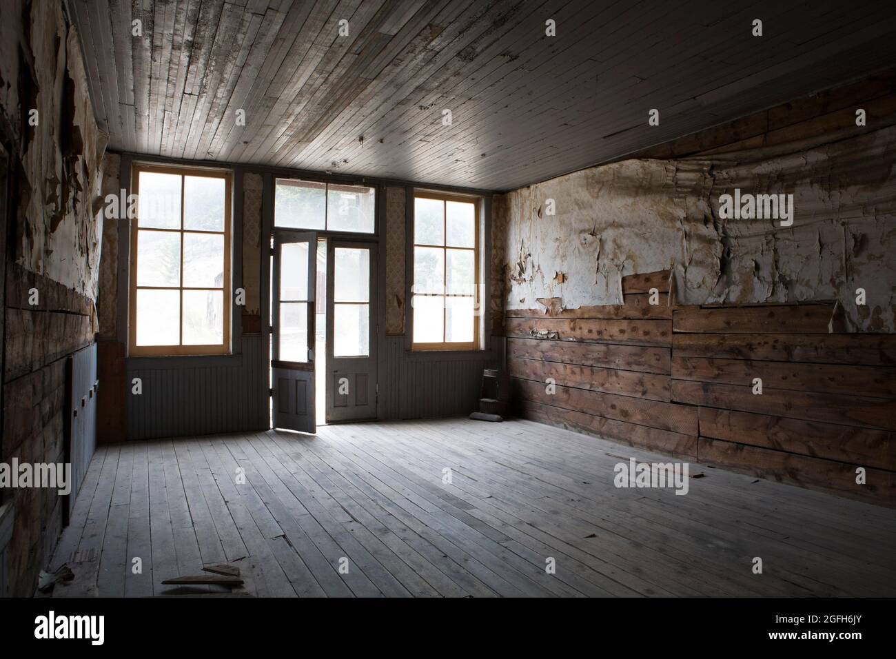 Interior of Gillian Hall at the ghost town of Elkhorn, Elkhorn State Park, MT. Stock Photo