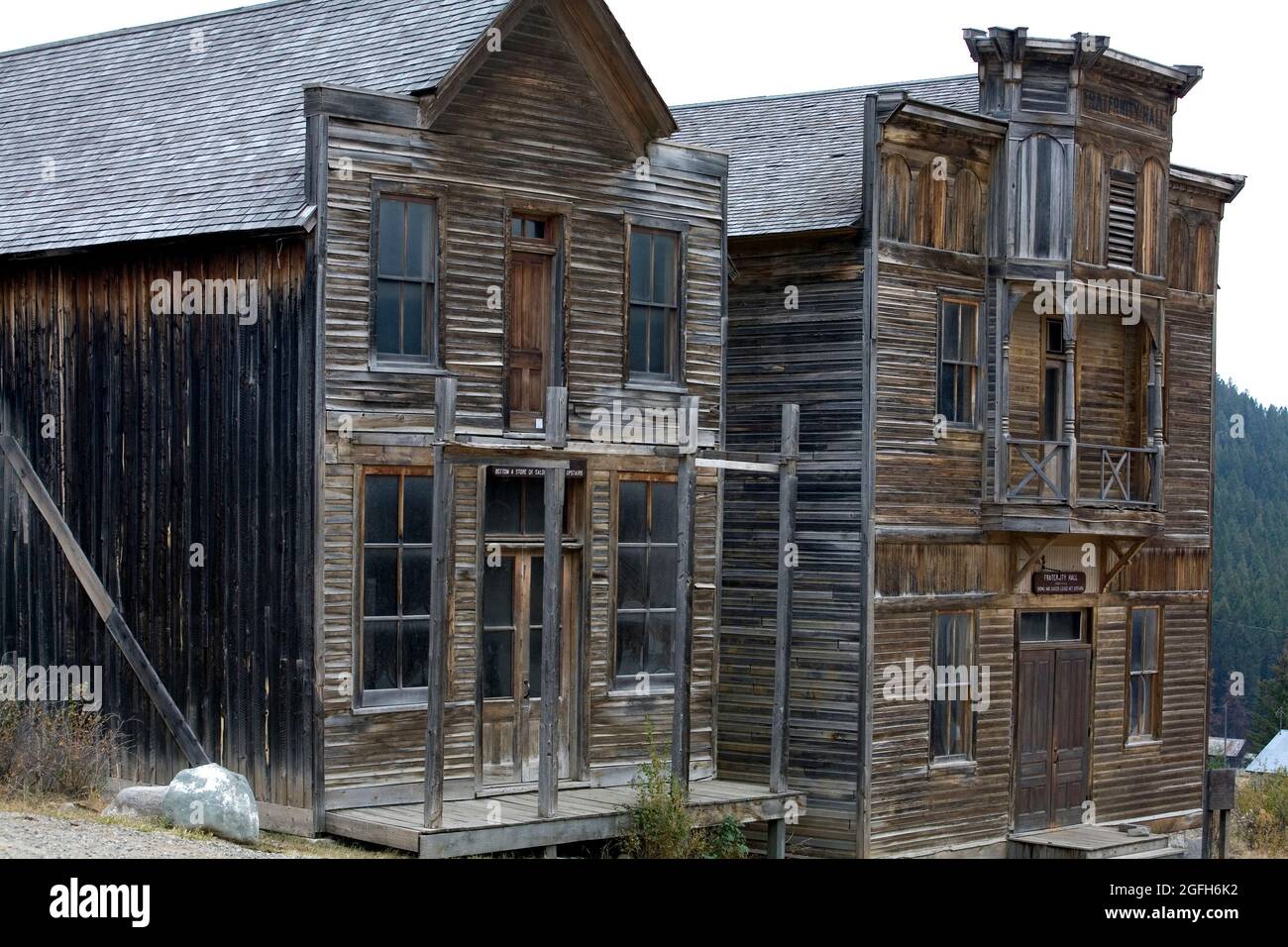 Gillian and Fraternity Halls, the only public buildings in  the ghost town of Elkhorn.  Elkhorn State Park, MT. Stock Photo