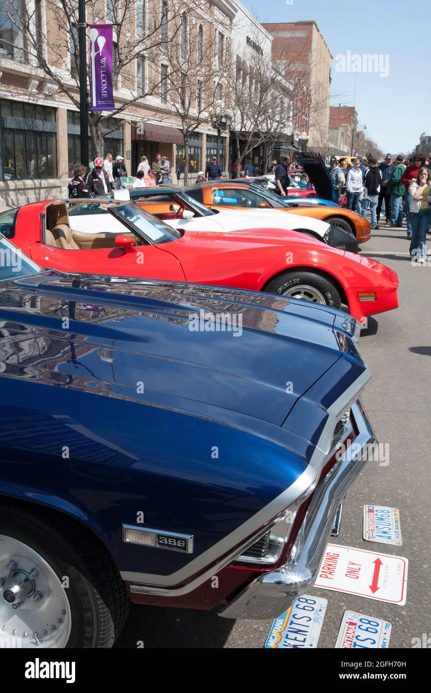 Row of hot cars on Central Avenue at the annual "Cruisin the Drag" auto show, Great Falls, MT
