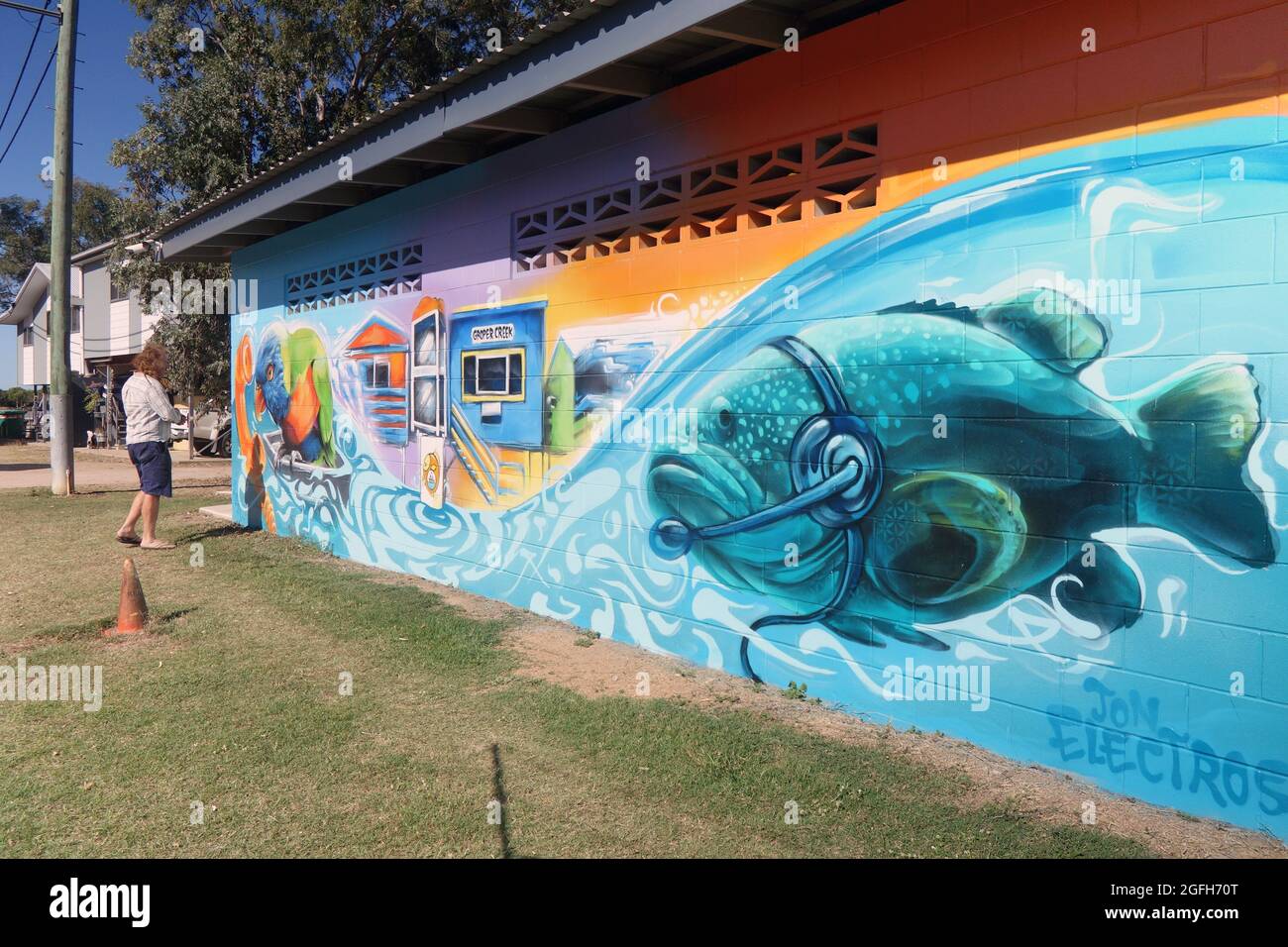 Sea scene mural on telecommunications shed at Groper Creek, near Home Hill, Queensland, Australia. No MR or PR Stock Photo