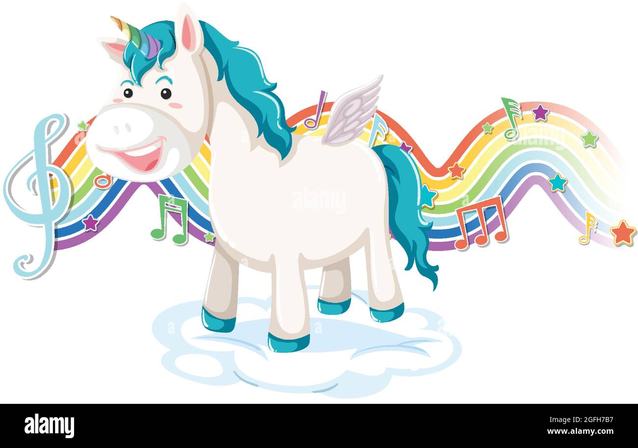 Unicorn standing on the cloud with melody symbols on rainbow wave ...