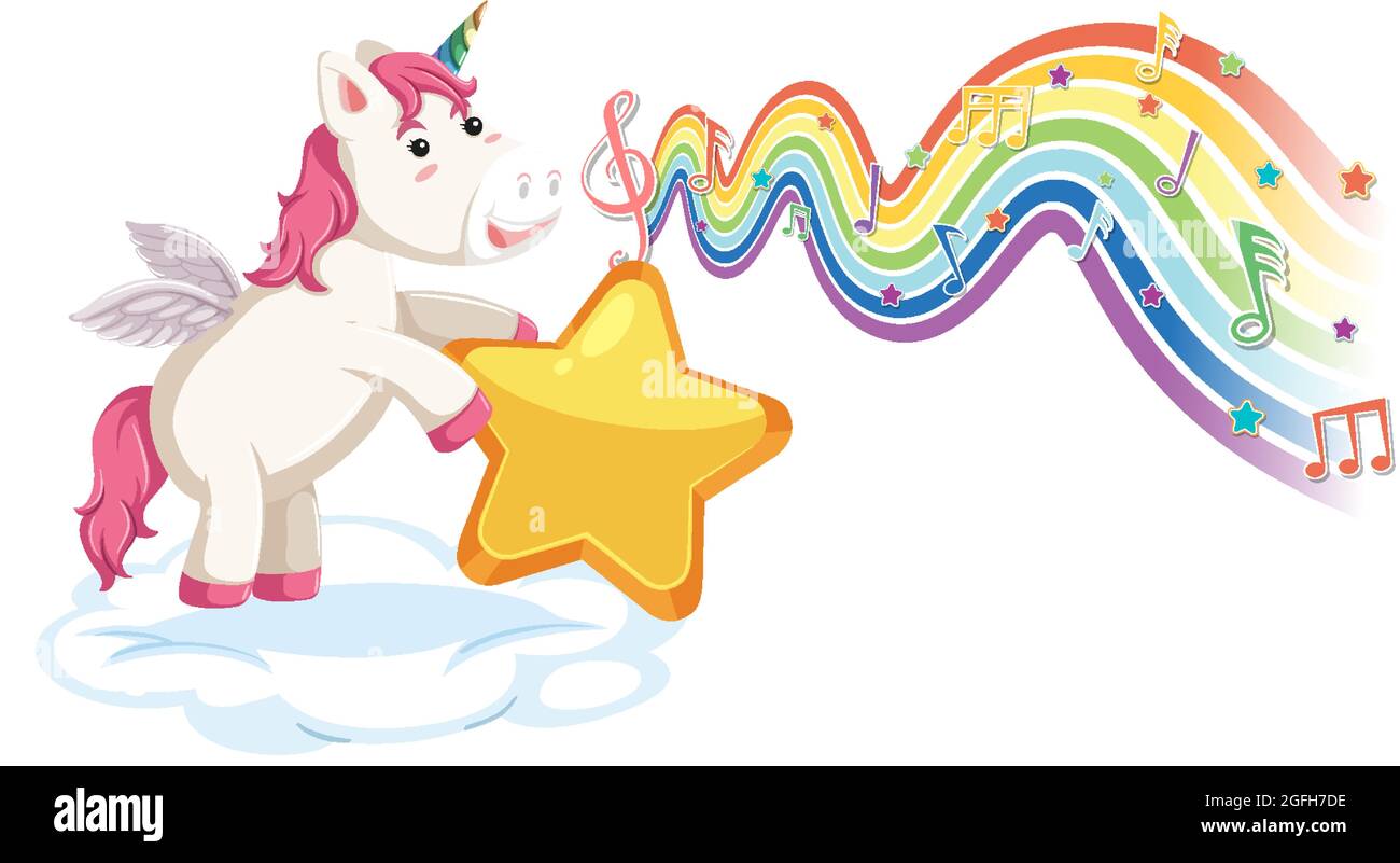 Unicorn standing on the cloud with melody symbols on rainbow wave ...