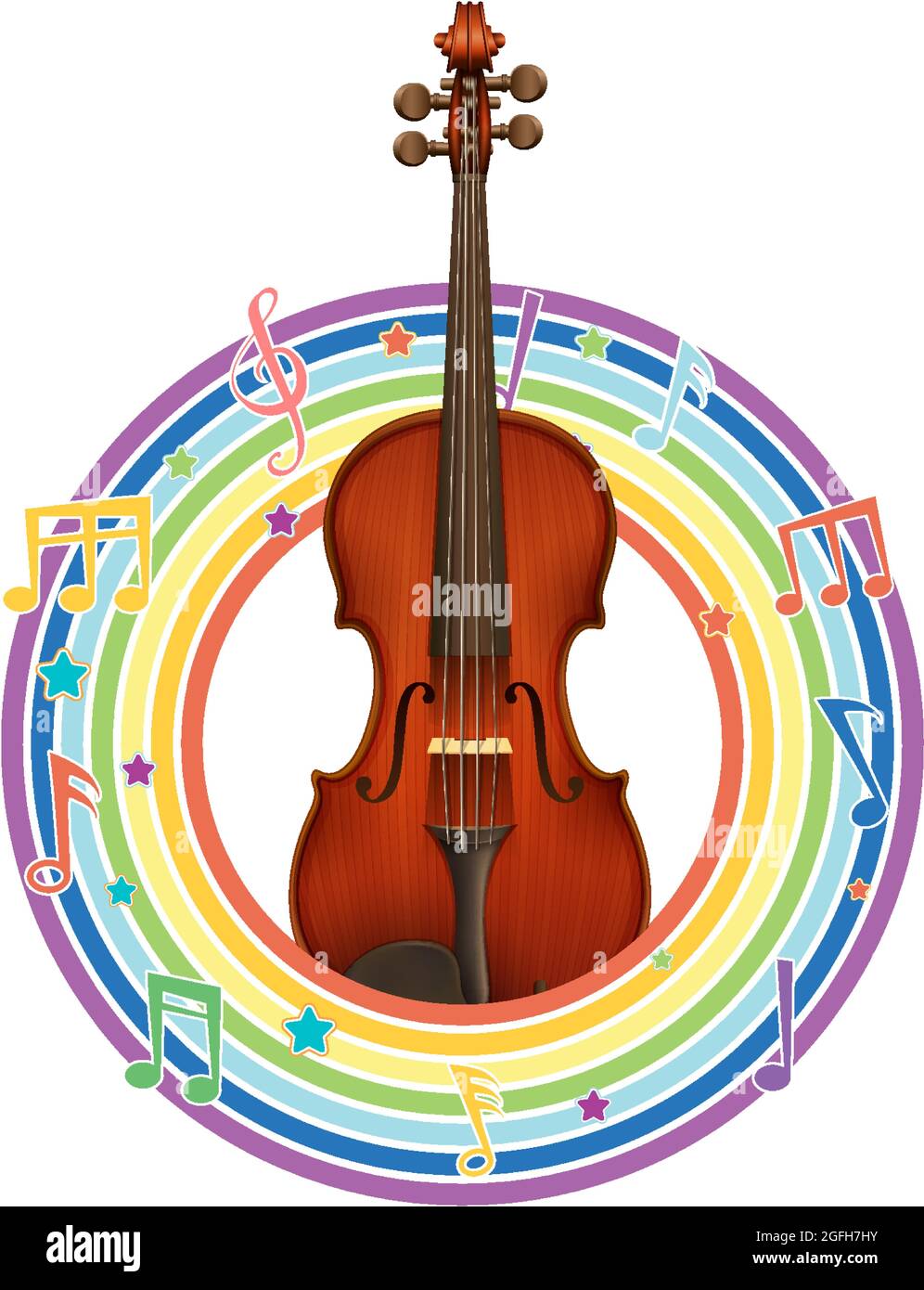 Violin in rainbow round frame with melody symbols illustration Stock
