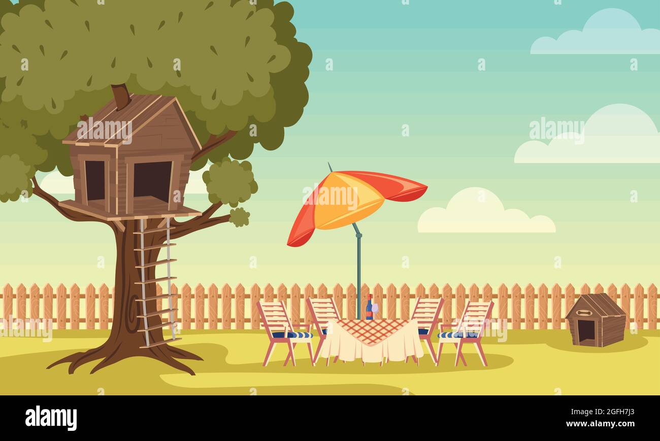 house backyard with tree and wood furniture Stock Vector Image & Art ...