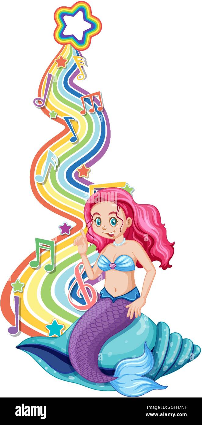 Beautiful mermaid with melody symbols on rainbow illustration Stock ...
