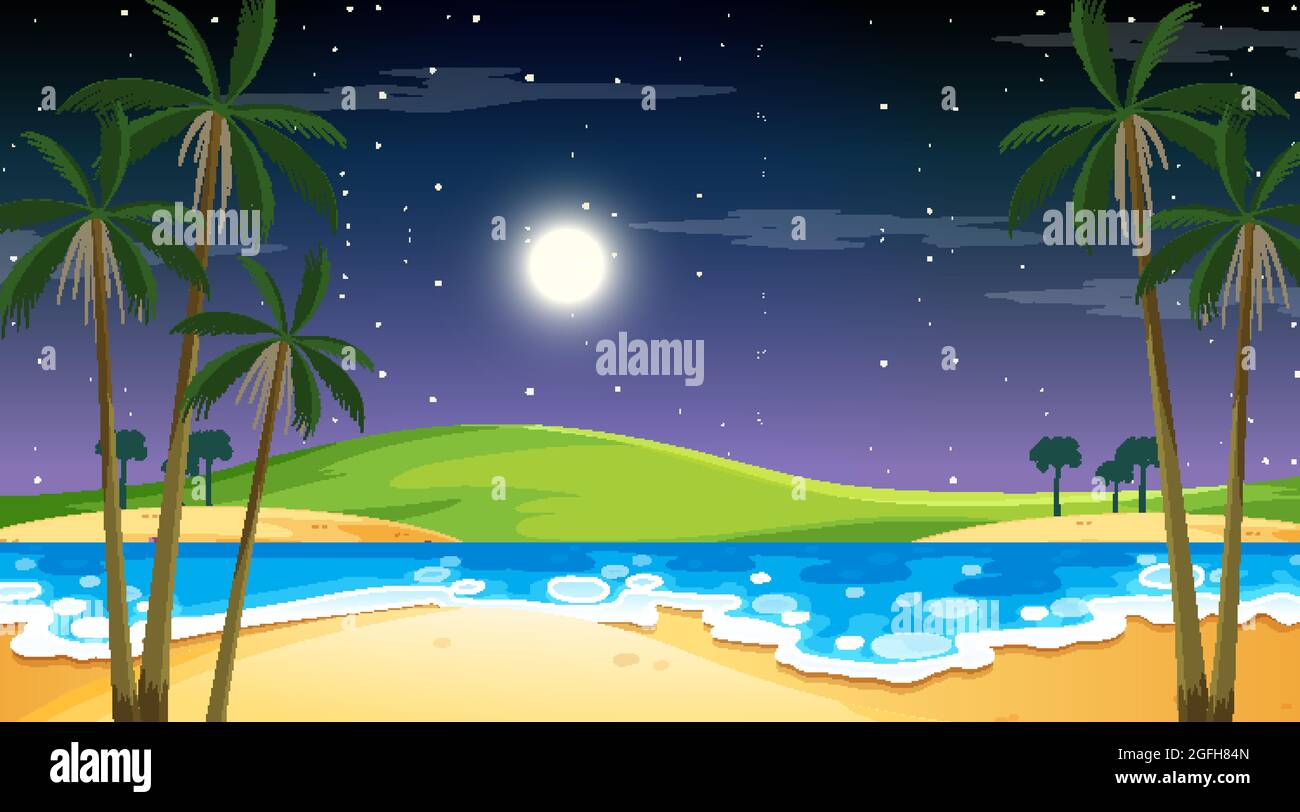Beach at night time landscape scene with palm tree illustration Stock ...