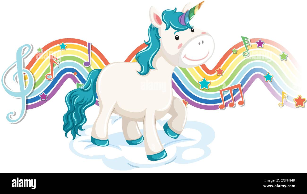 Unicorn standing on the cloud with melody symbols on rainbow wave ...