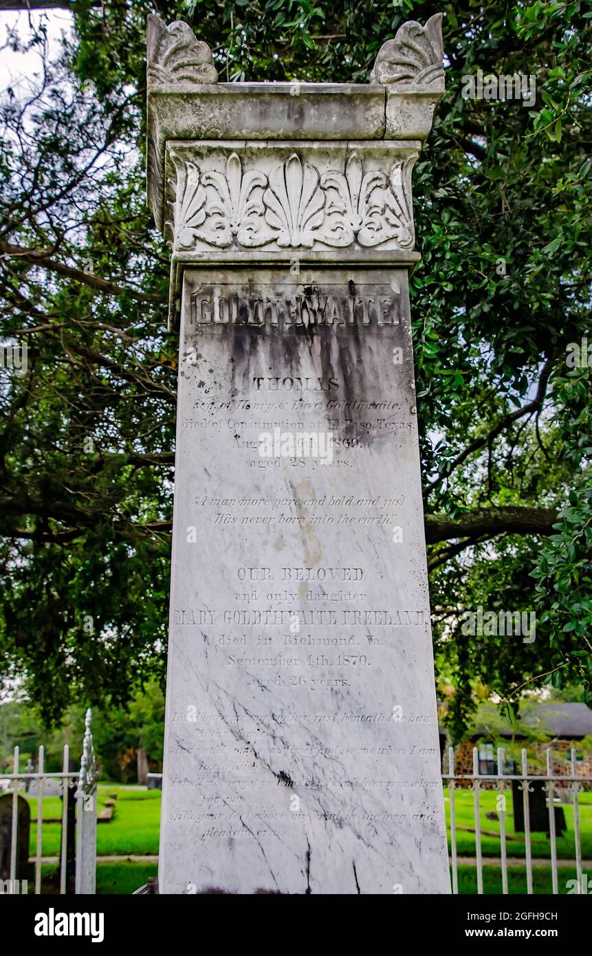 A monument is erected at the Goldthwaite family grave in Magnolia Cemetery, Aug. 14, 2021, in Mobile, Alabama. Thomas Goldthwaite died of consumption. Stock Photo