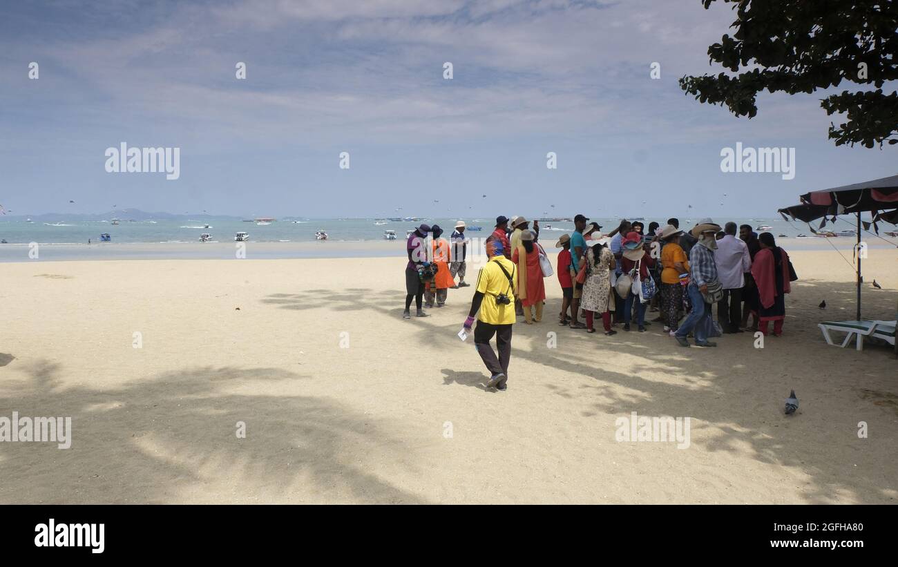 Traveler Tourist Group on Pattaya Beach before the Pandemic Lockdown Stock Photo