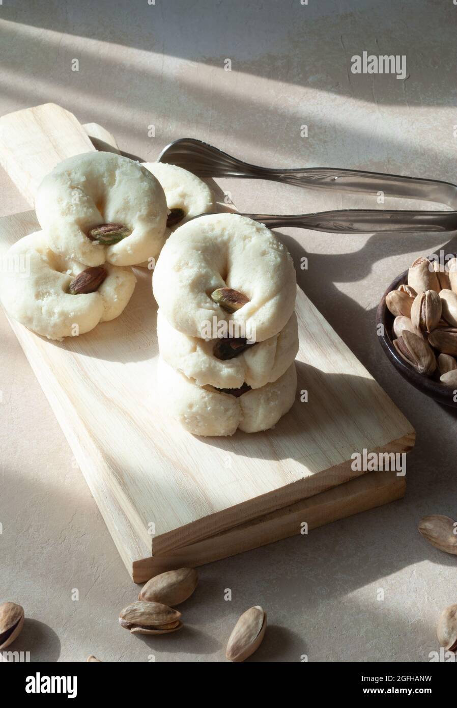 Cookies made from almond flour with pistachios Stock Photo