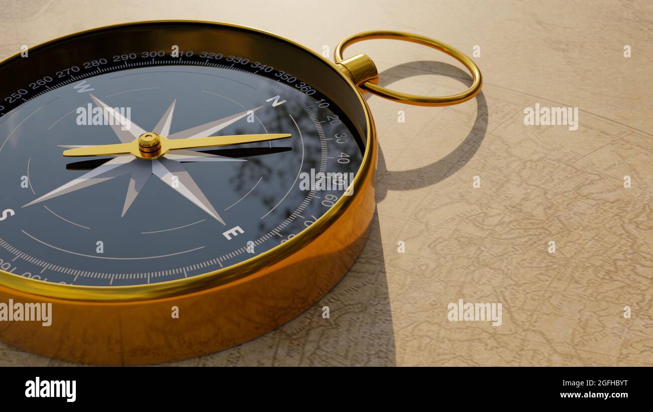 Round magnetic compass on world map with copy space. 3D rendering ...