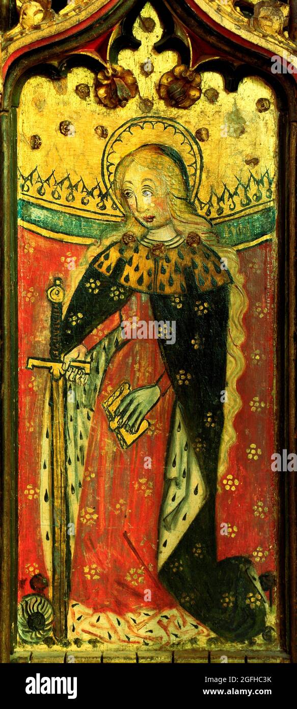 Eye, Suffolk, St. Catherine, Katherine, saint, female saints, holding sword, symbol of her martyrdom Stock Photo