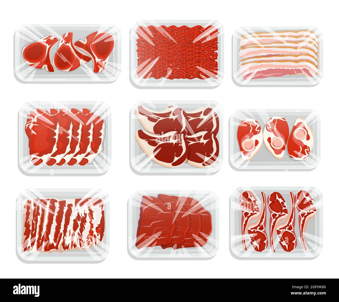 Meat packaging illustration. Plastic tray of minced meat, steaks, ham, bacon of pork, beef and lamb. Products on the counter of the butcher store Stock Vector