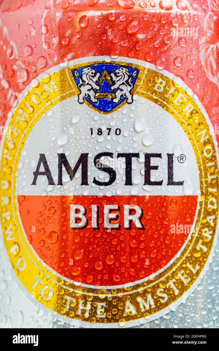 Tyumen, Russia-May 25, 2021: Amstel beer can logo. Vertical photo Macro Stock Photo