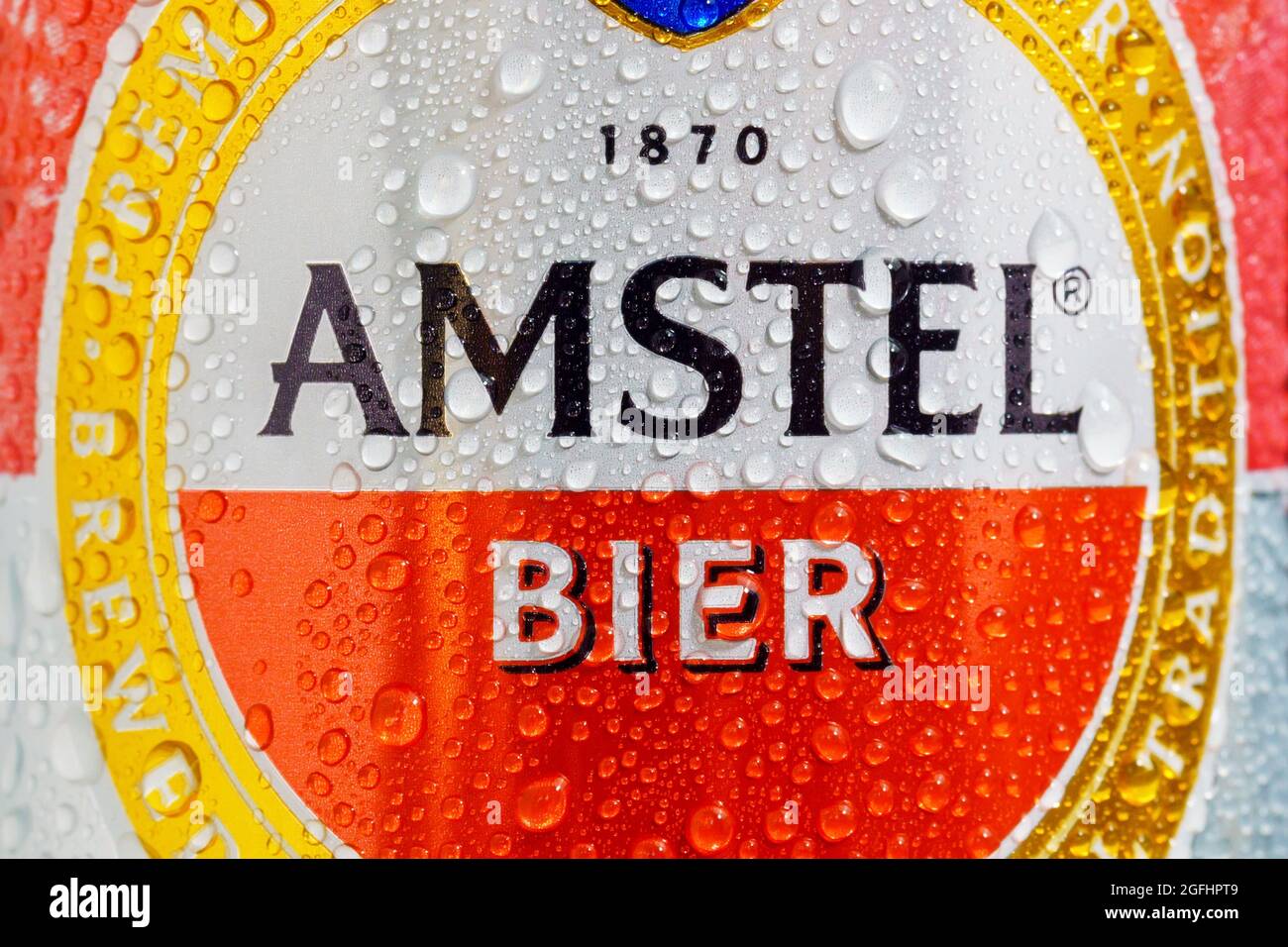 Tyumen, Russia-May 25, 2021: Amstel beer can logo close up. Stock Photo