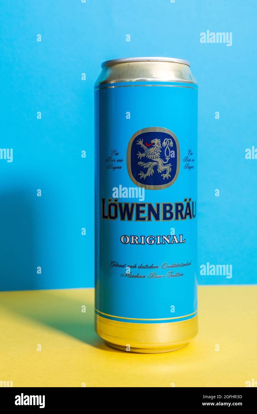 Tyumen, Russia-May 25, 2021: Lowenbrau alcoholic beer logo close-up selective focus. Stock Photo