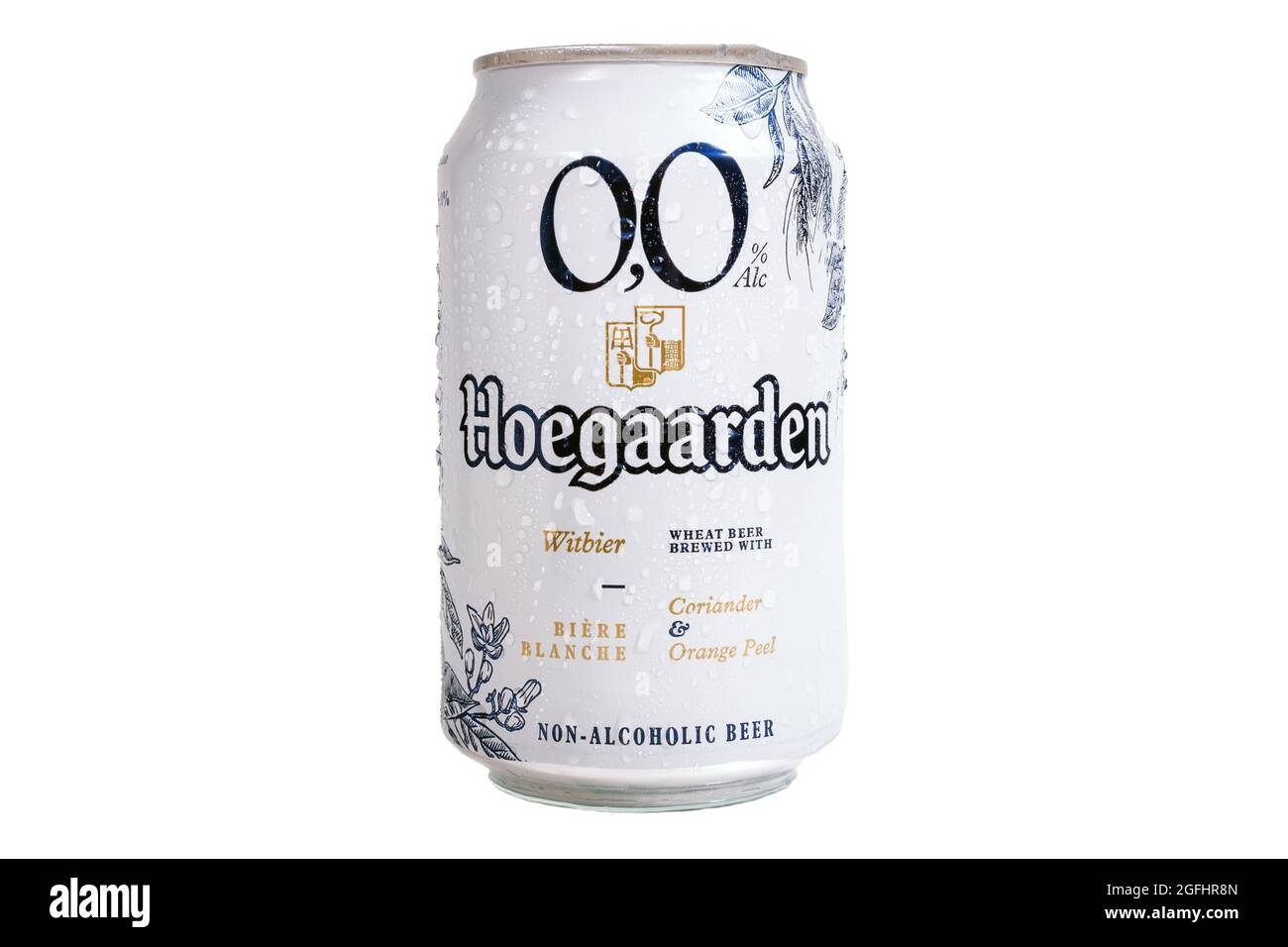 Tyumen, RussiaApril 26, 2021 Non alcoholic beer Hoegaarden can