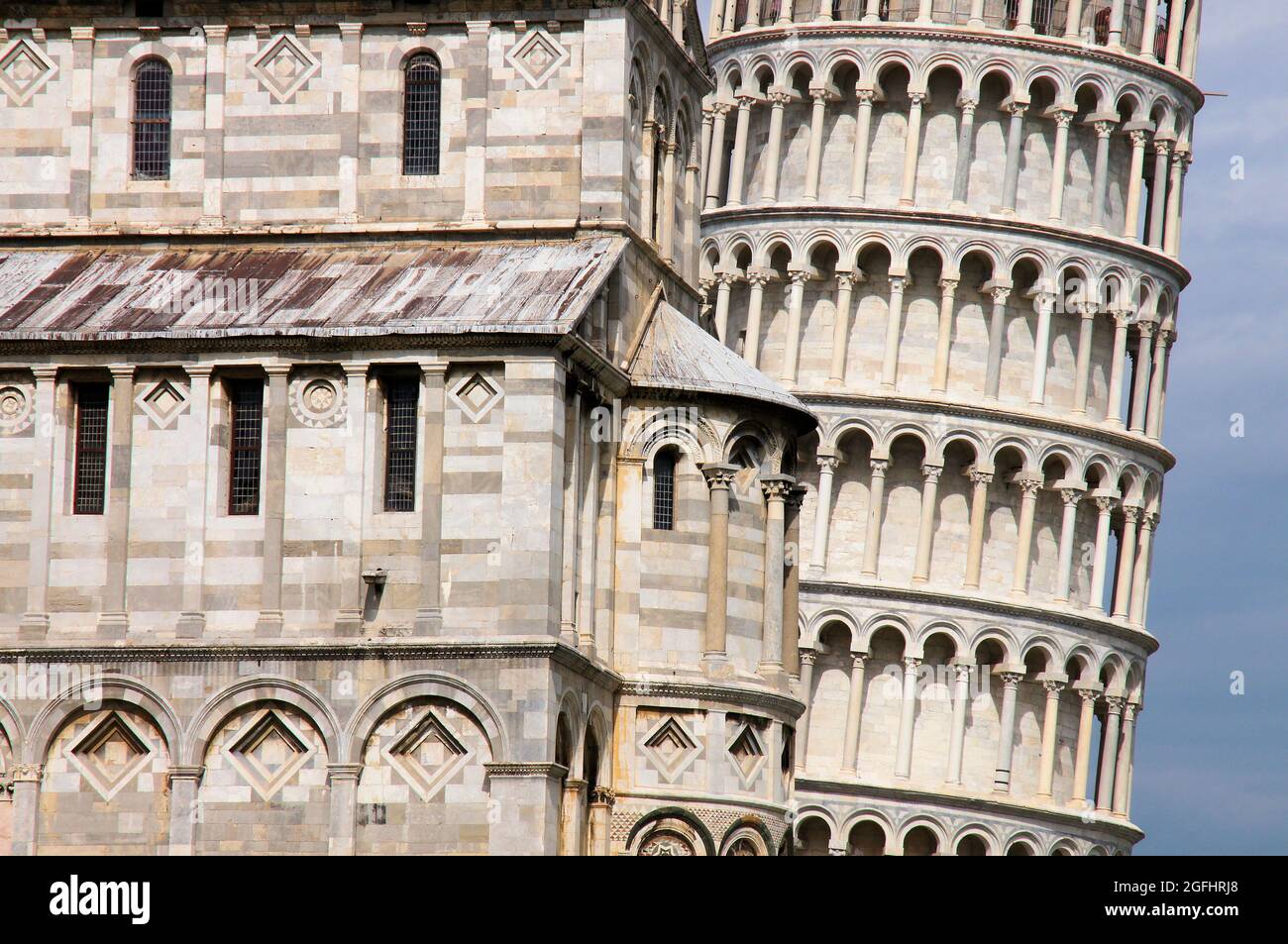 Close up view of the Cathedral and leaning tower of Pisa, Tuscany, Italy Stock Photo