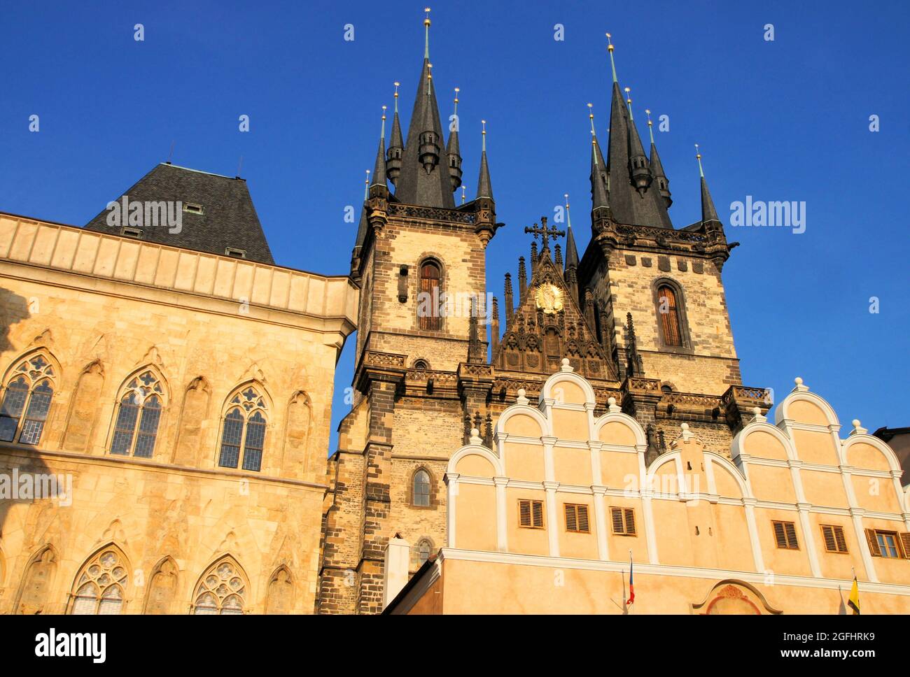 Church of Our Lady before Tyn soon before sunset in the old town square in Prague, Czechia (Czech Republic) Stock Photo