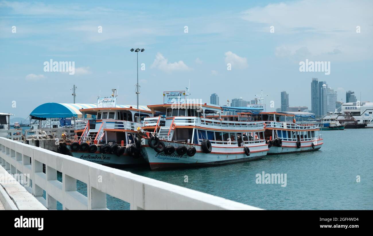 Pattaya Beach Thailand Bai Hai Pier Stagnant Ferry Boats Shutdown because of Covid Pandemic Lockdown Stock Photo