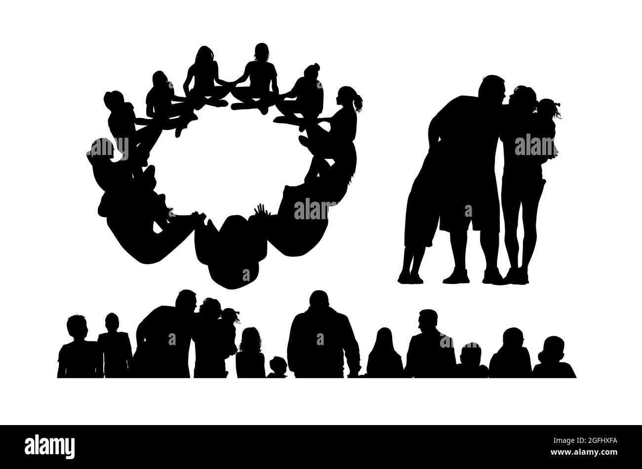 A group of people silhouette. People are sitting in a circle. Vector illustration Stock Vector