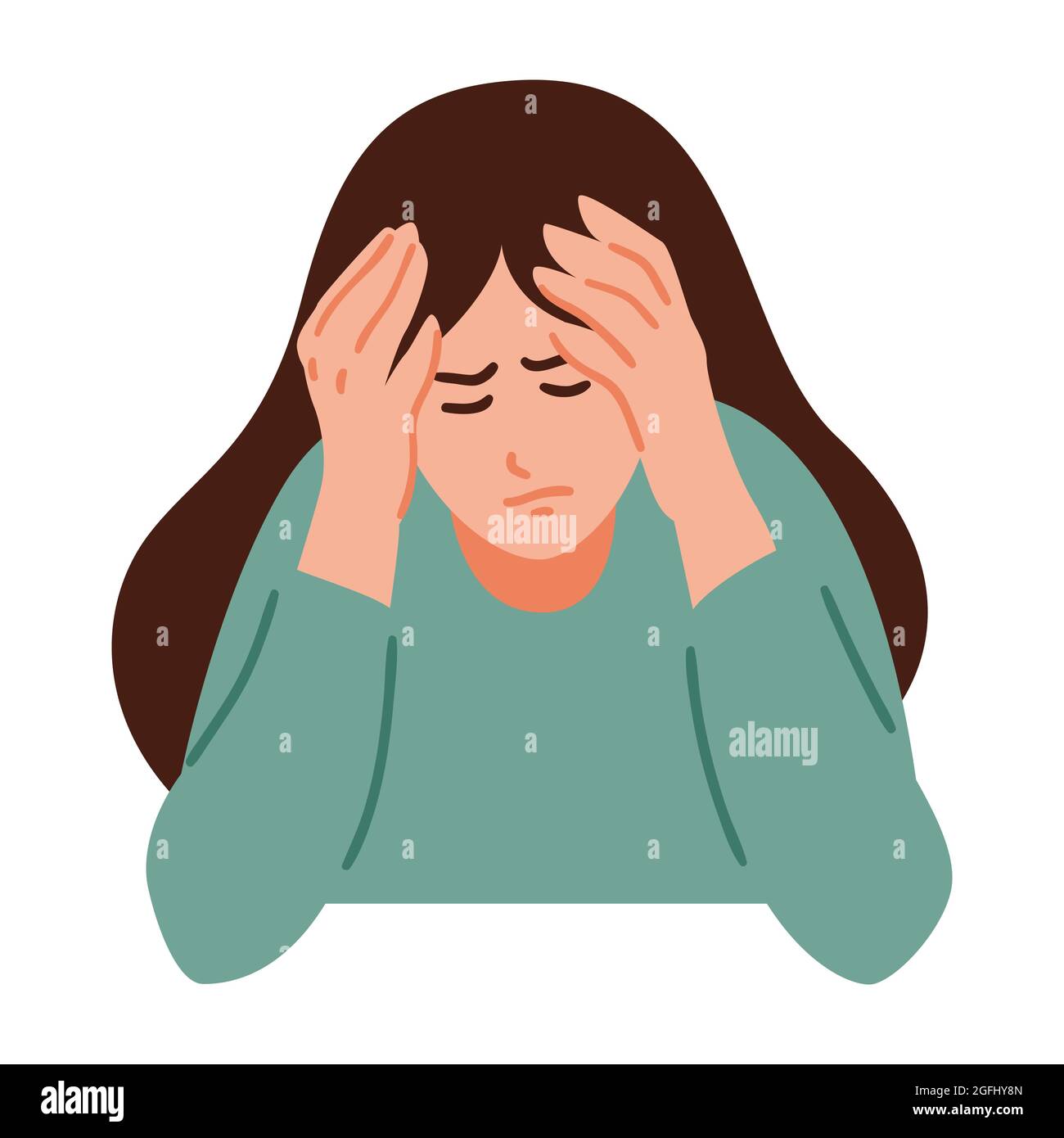 A woman is having a headache. Girl feels anxiety and depression. Psychological health concept. Nervous, apathy, sadness, sorrow, unhappy, desperate, m Stock Vector