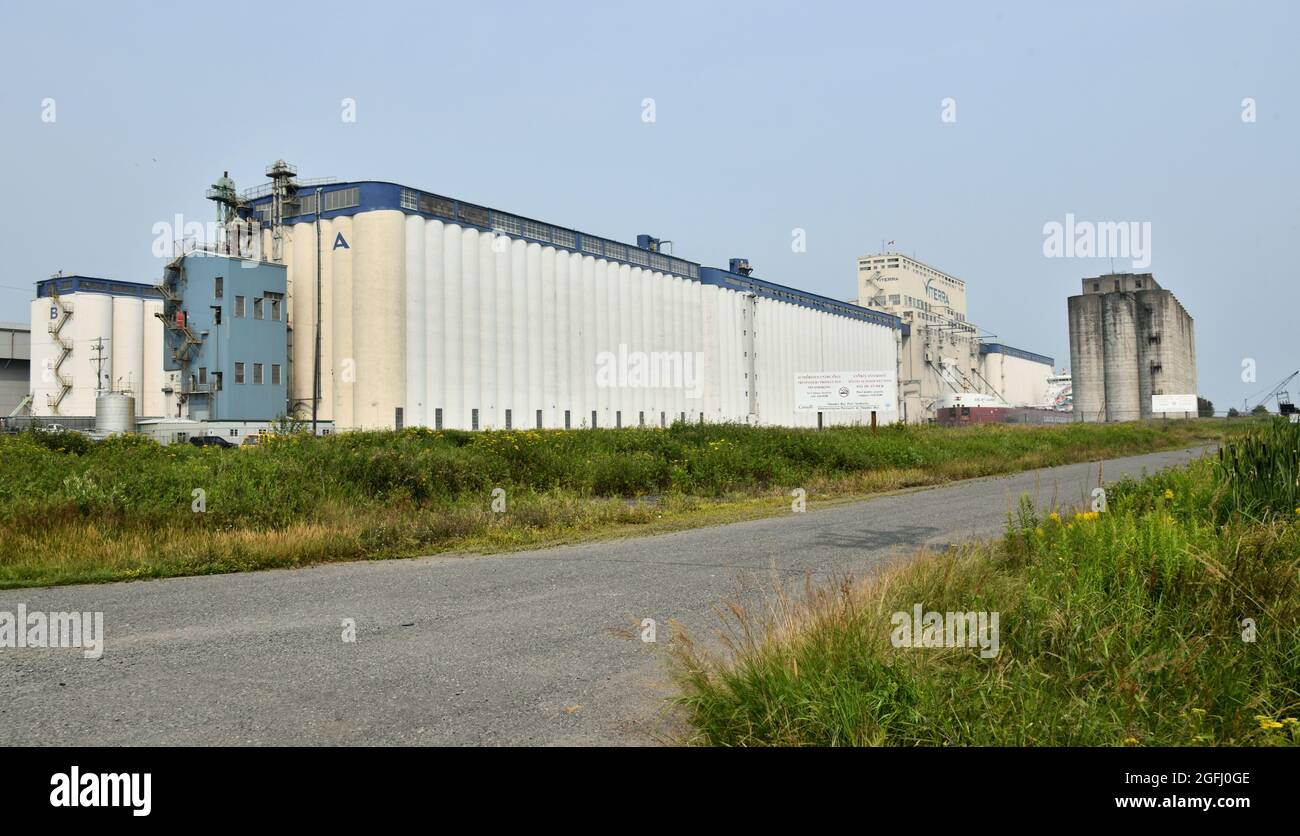 A road leads to an old elevator on Lake Superior which is beside two large newer elevators on a sunny day  in Thunder Bay, Ontario, Canada. Stock Photo