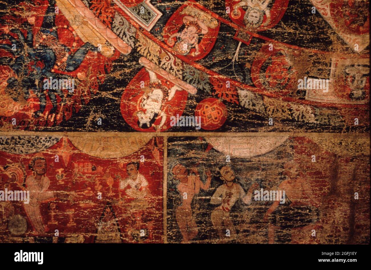 Nepal: Navadurga Mandala 1375-1400 A.D. Left donor figures. On Cotton. Stock Photo