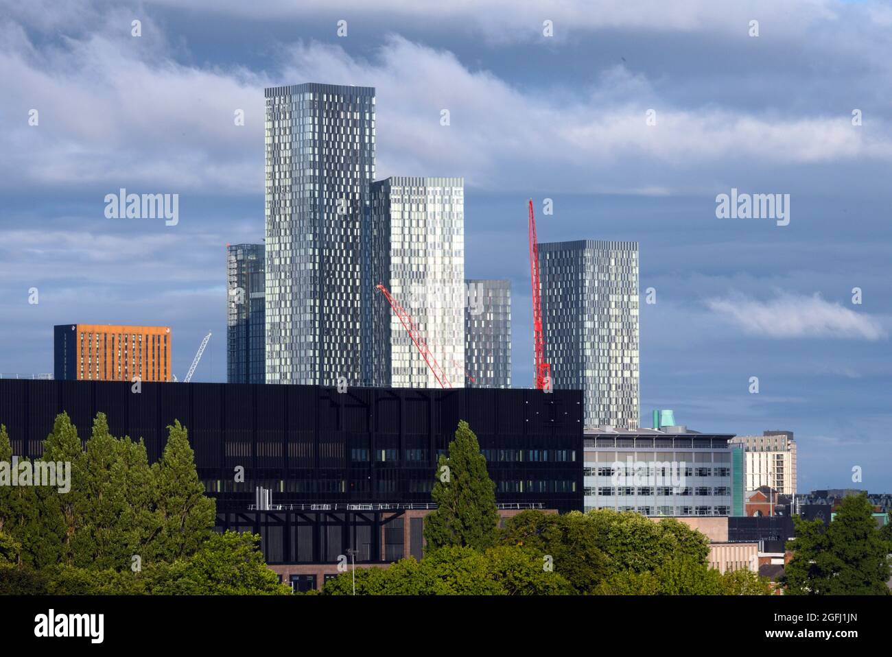 A high level view of new skyscrapers in central Manchester, England, United Kingdom, seen from the South of the city Stock Photo